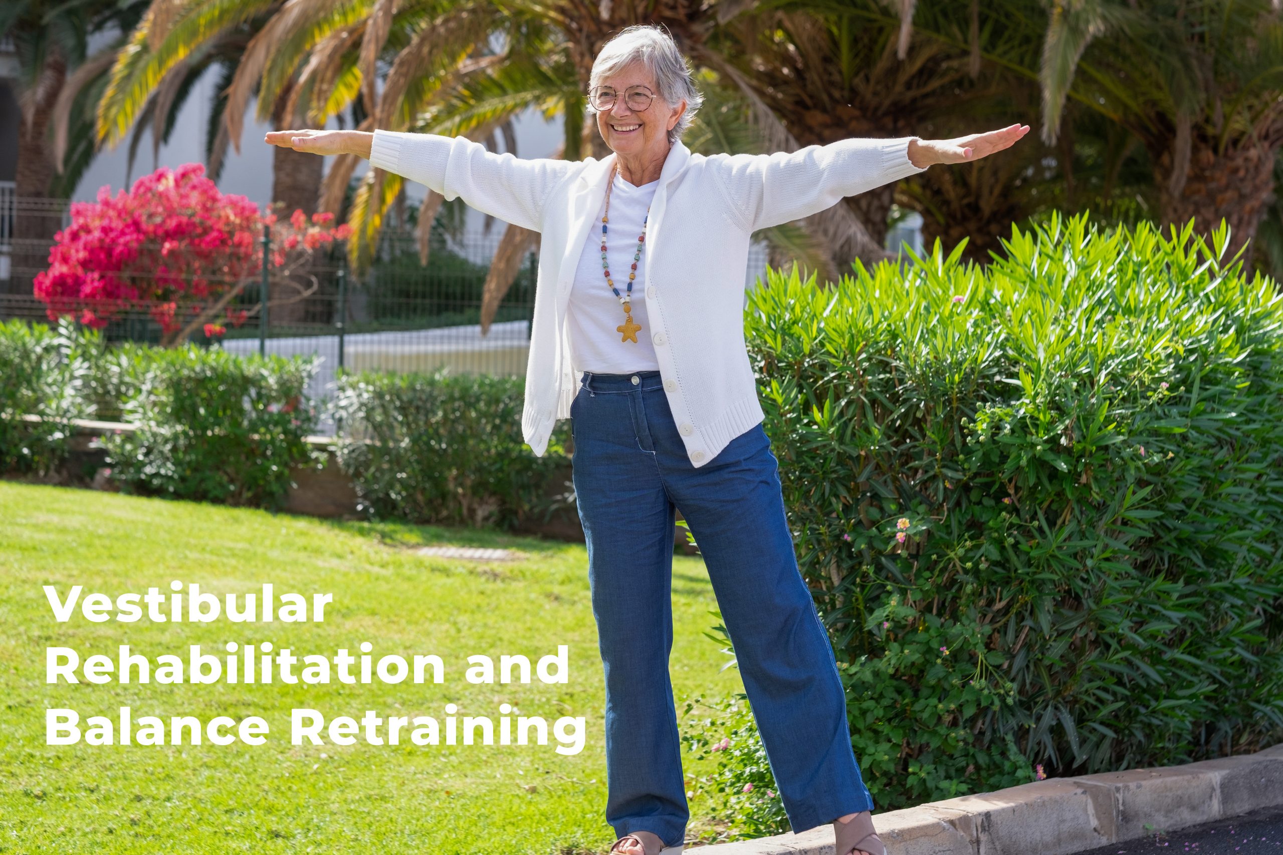 Playful senior woman with arms outstretched, balancing on a curb